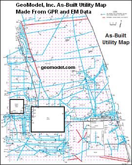 As-built utility location map based on ground penetrating radar (GPR) data and metal detection (EM) data obtained by GeoModel, Inc.