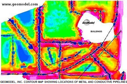 GeoModel metal detection contour map produced by Geonics' metal detector and Geosoft's Oasis Montaj